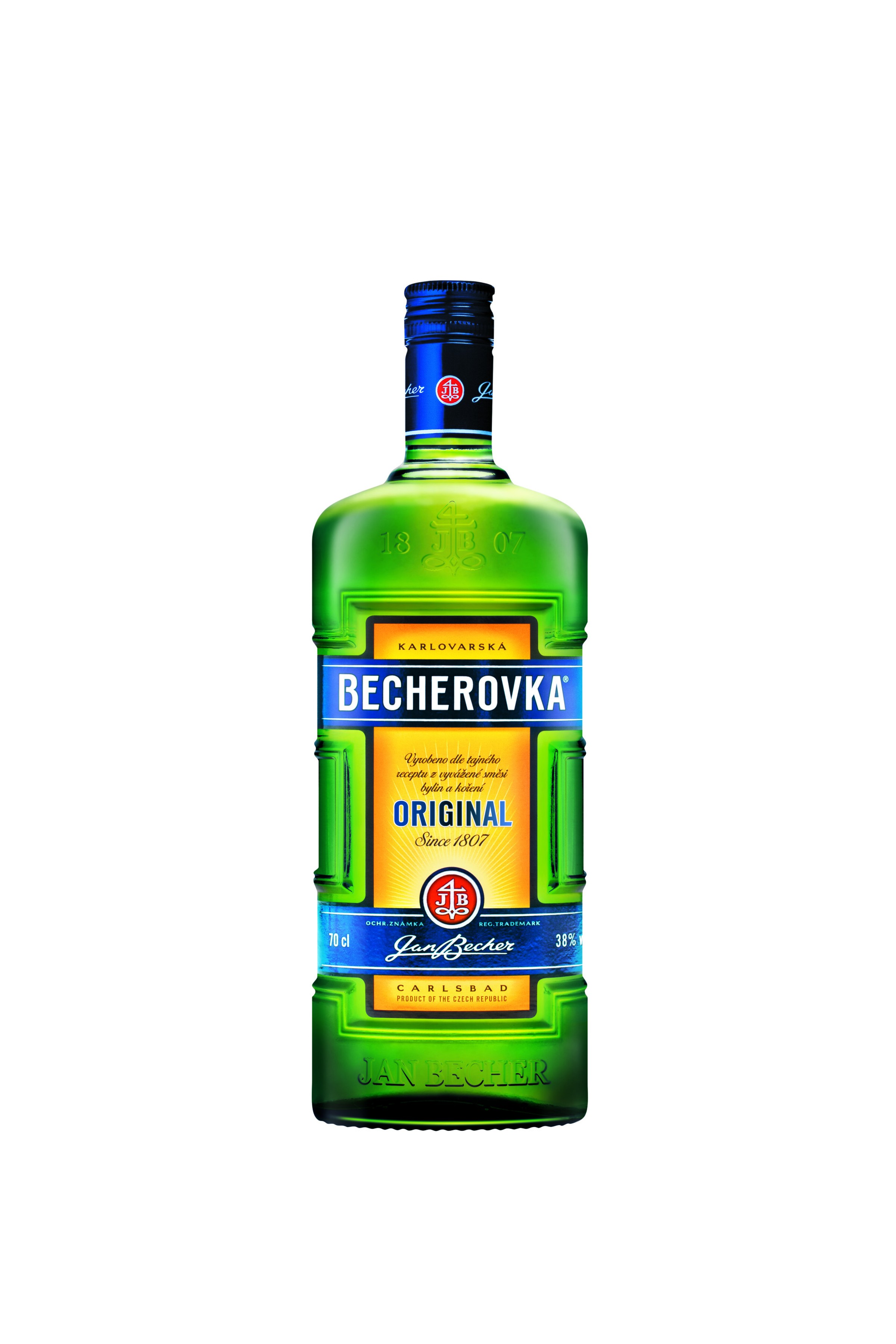 Becherovka Original bottle on a clean background.