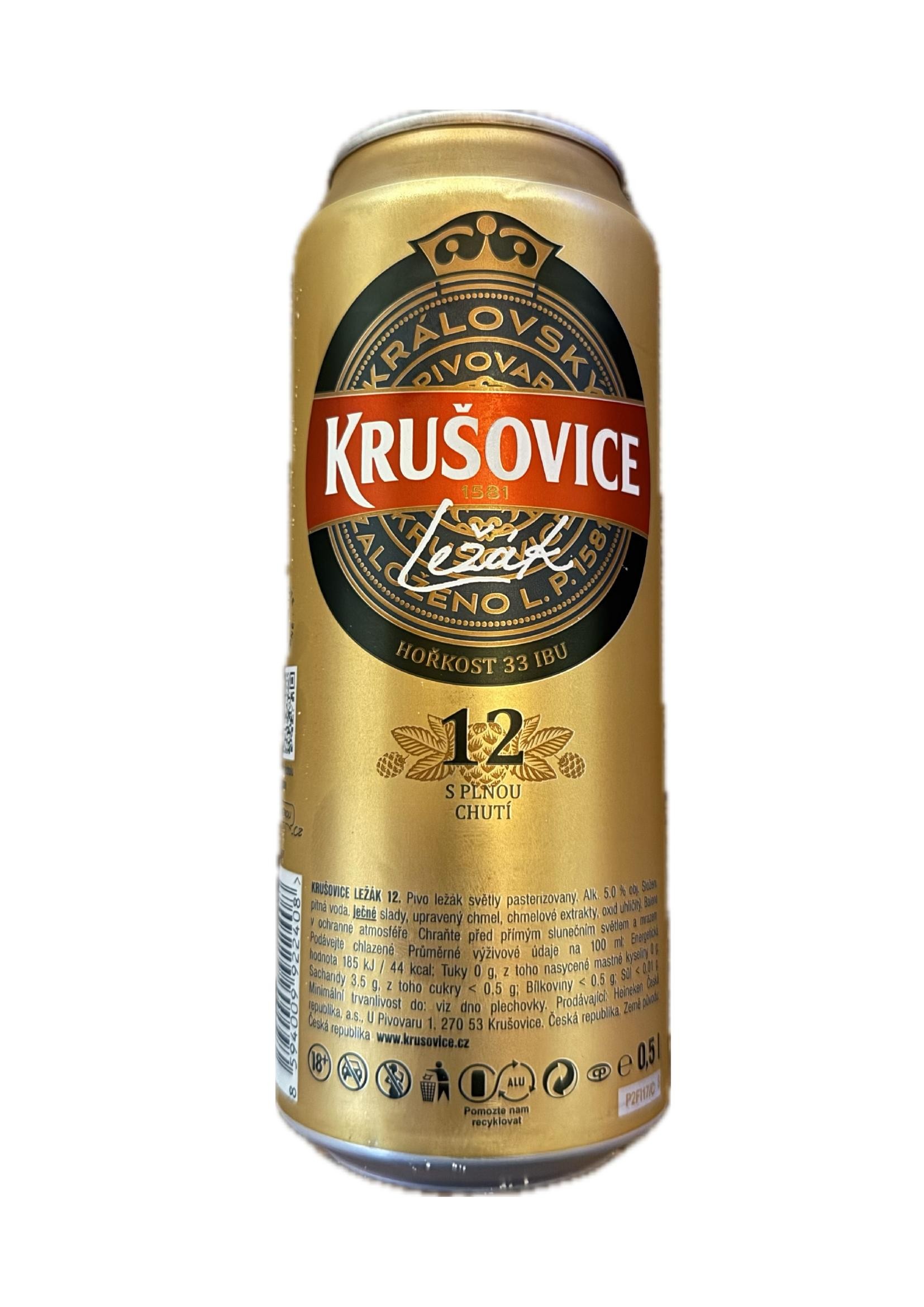 A Czech Krušovice beer can with a prominent “12” designation visible on the packaging.
