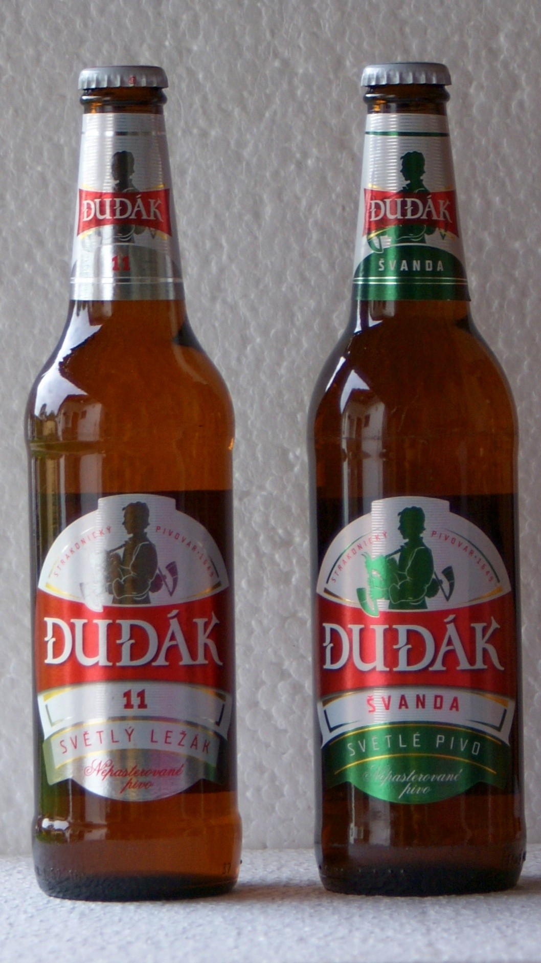 Bottle and glass of Czech Dudák beer; label provides Czech beer-strength context.