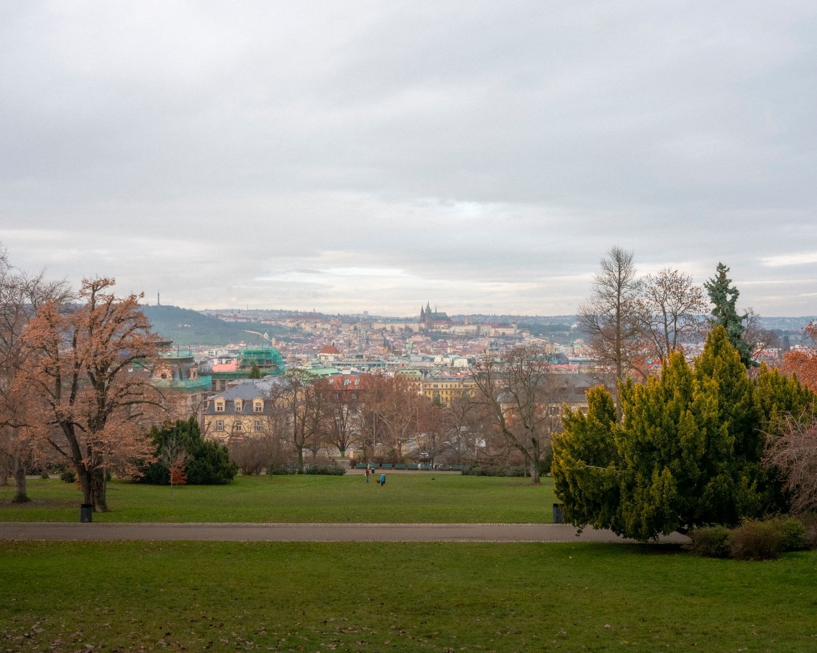 Wide Prague panorama from Letná with autumnal/cloudy seasonal atmosphere.
