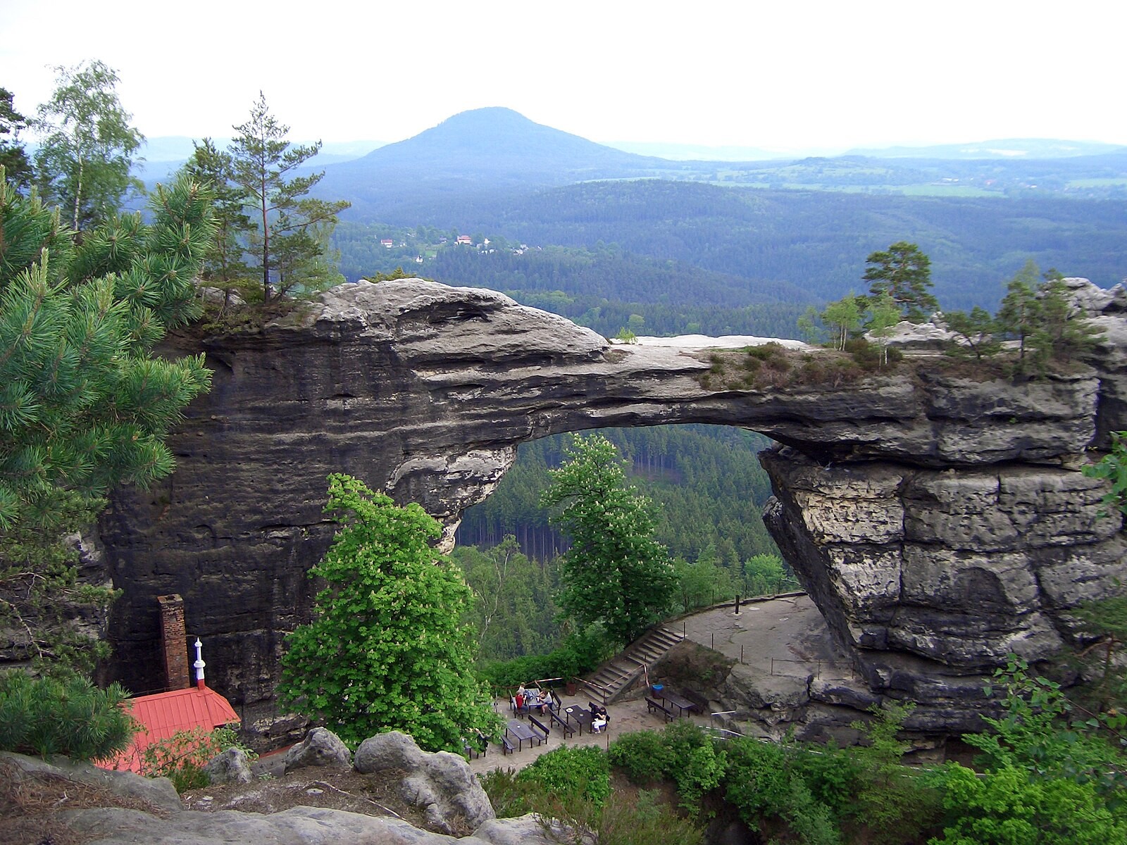 Pravčická brána sandstone arch and surrounding rock formations in Bohemian Switzerland.