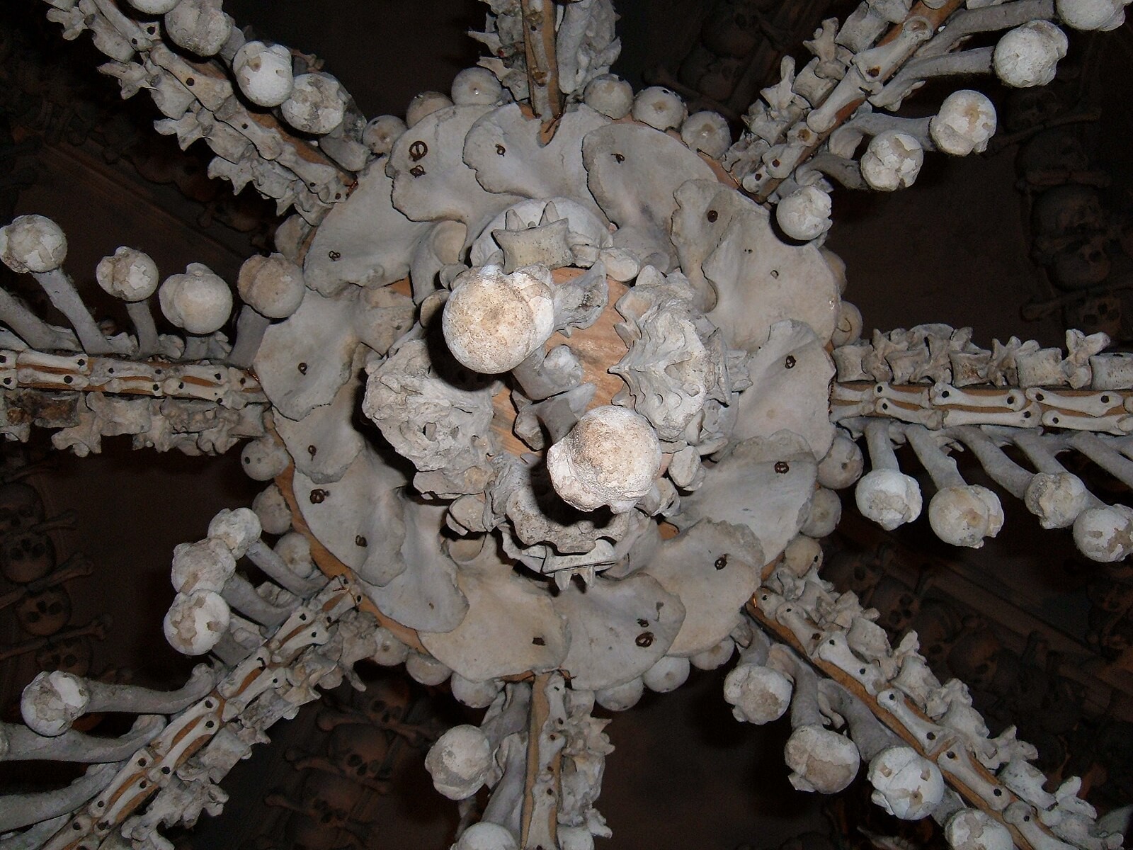 Bone chandelier inside Sedlec Ossuary, the famous “bone church” component of the trip.