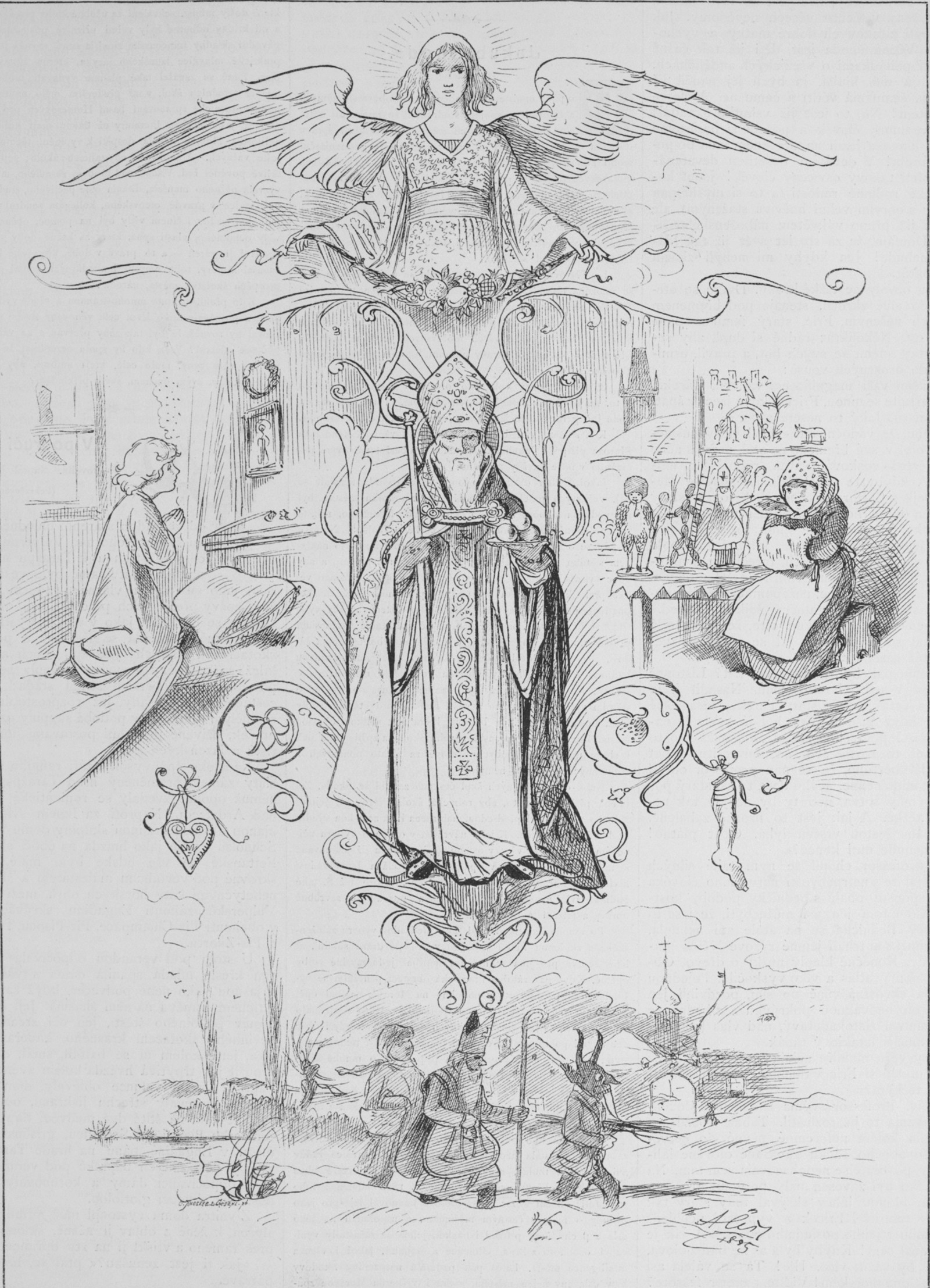 1885 Mikoláš Aleš illustration of traditional Saint Nicholas celebrations in Bohemia: St Nicholas, an angel above, and costumed companions in a winter procession.
