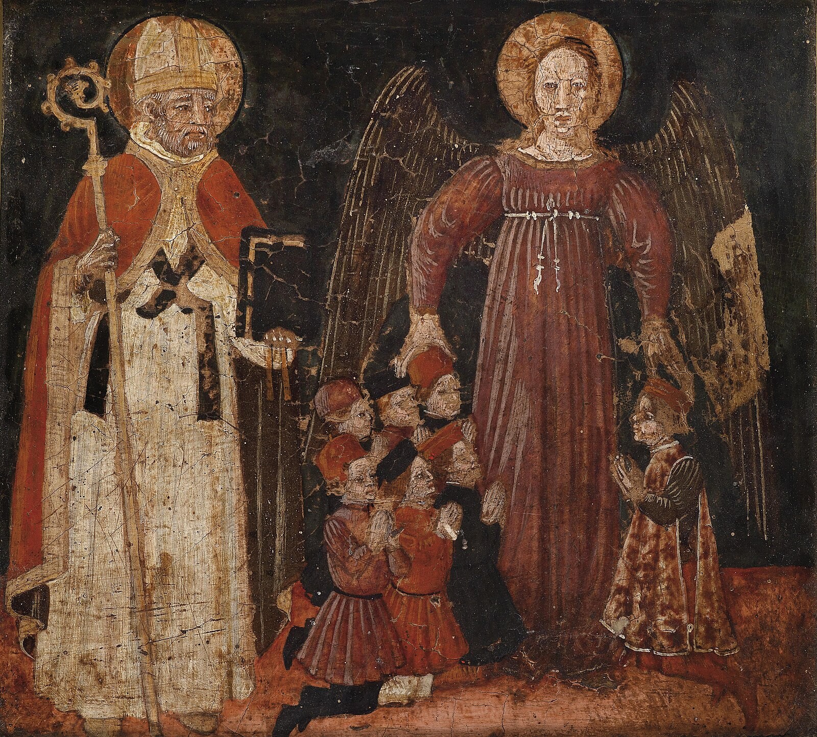 Historical depiction of St Nicholas with children and an angel.