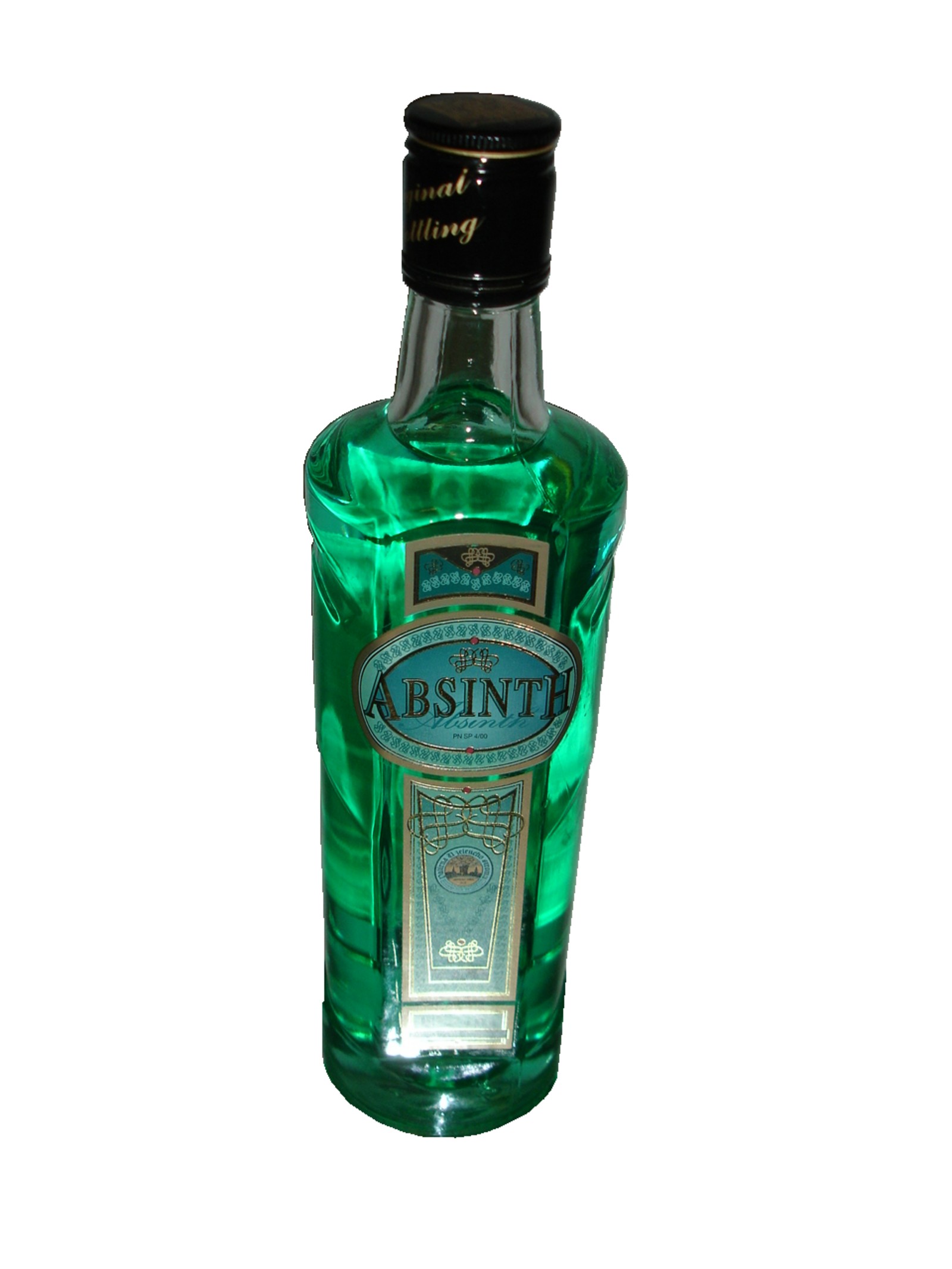 A green bottle labeled “ABSINT”, clearly representing the absinth/absinthe product category encountered in Czech tourism.