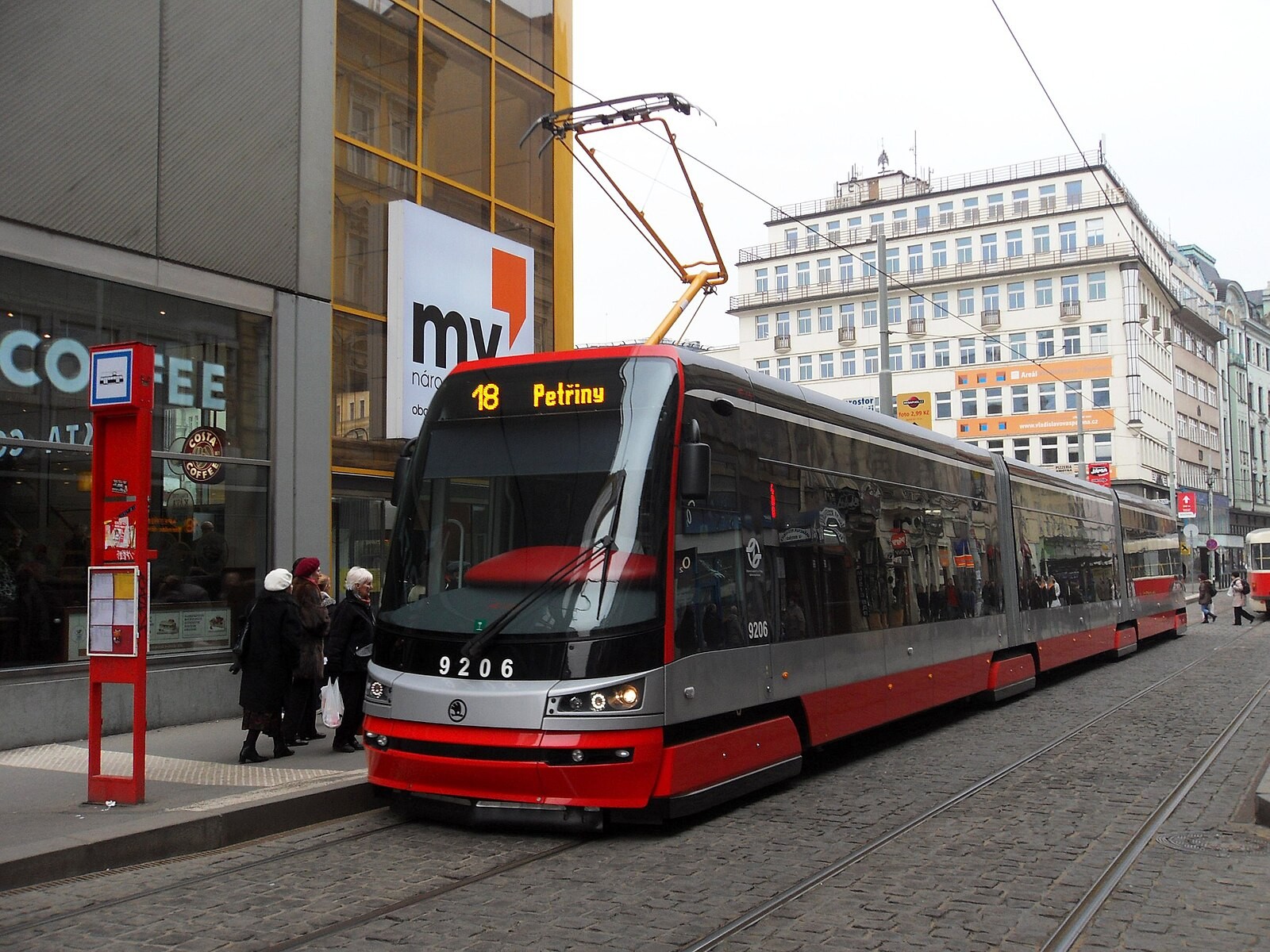 Prague Škoda 15T tram at the Národní stop in the city centre.