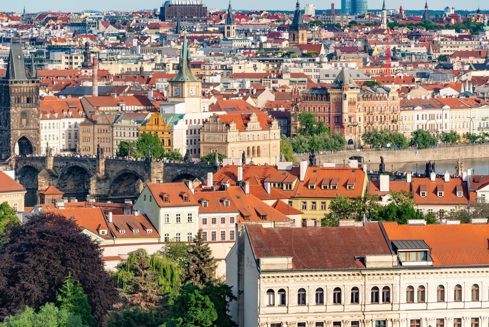 Aerial view of Charles Bridge and surrounding historic centre.