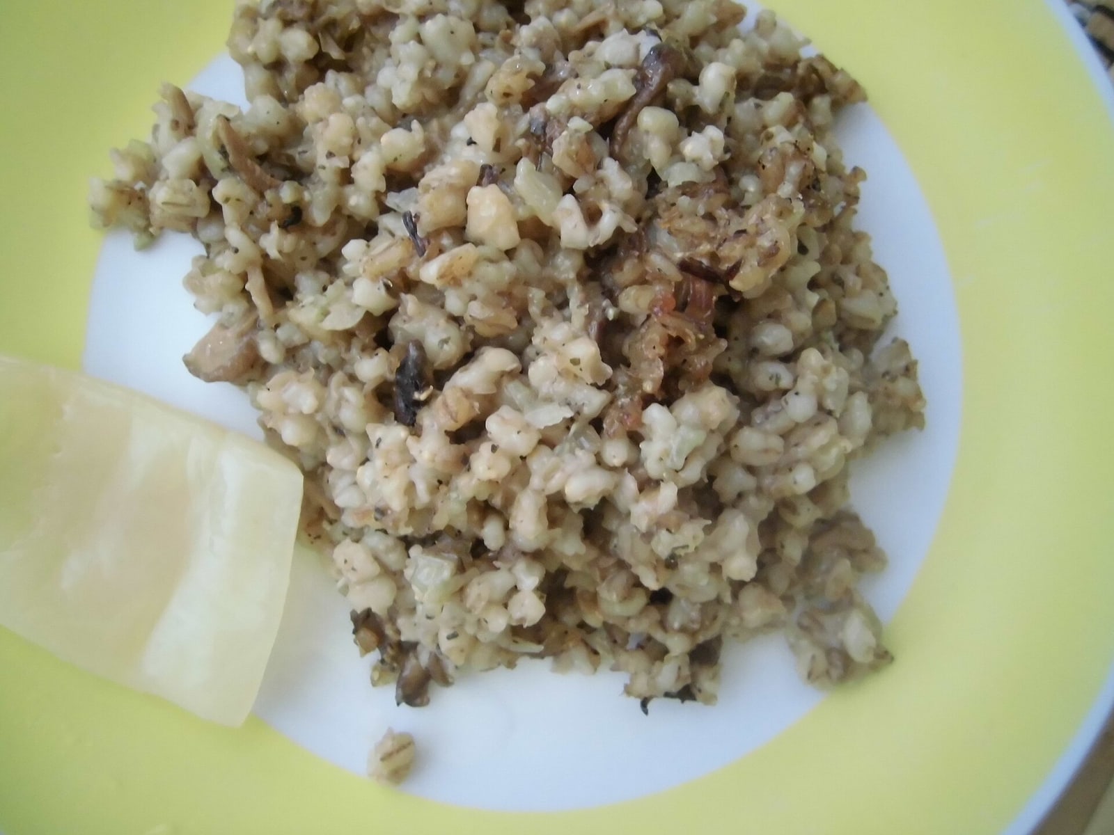 Exact serving of traditional Czech mushroom-and-barley kuba.