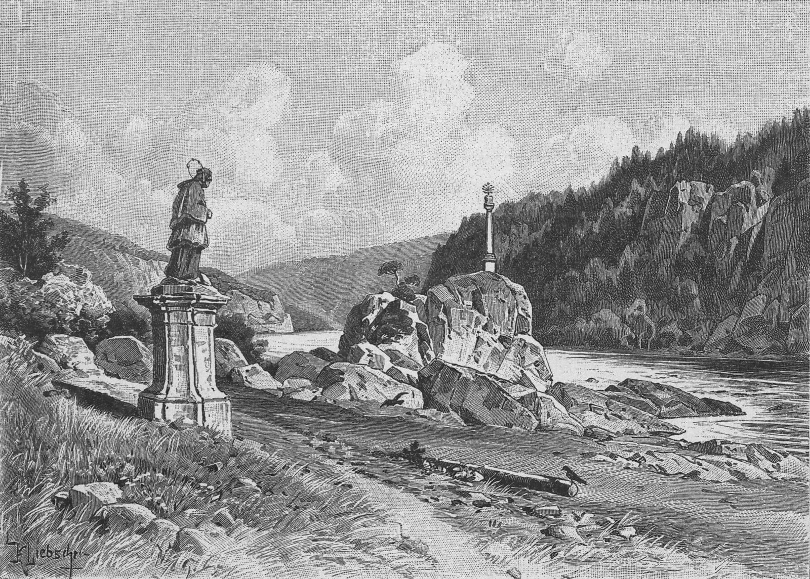 Historical photograph of the former St John Rapids on the Vltava.