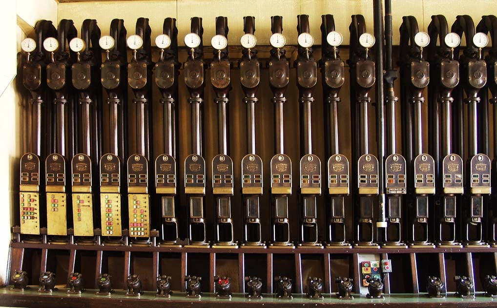 Main routing/control panel of the Prague pneumatic-post network.