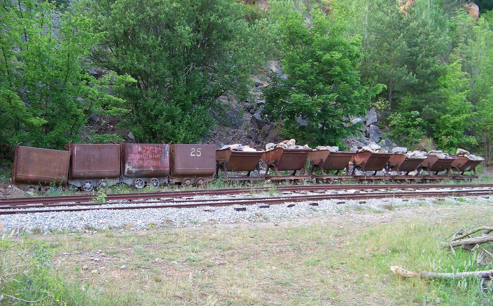 Historic mining carts on narrow-gauge track at Solvay Quarries.
