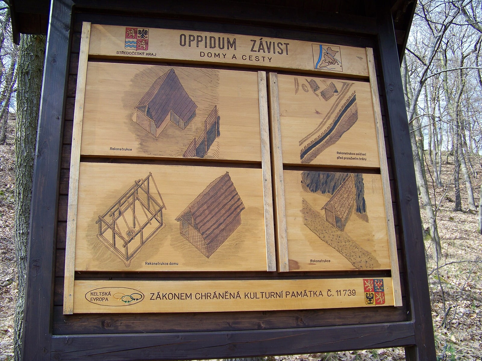 Interpretive board showing houses/routes at the Závist oppidum.