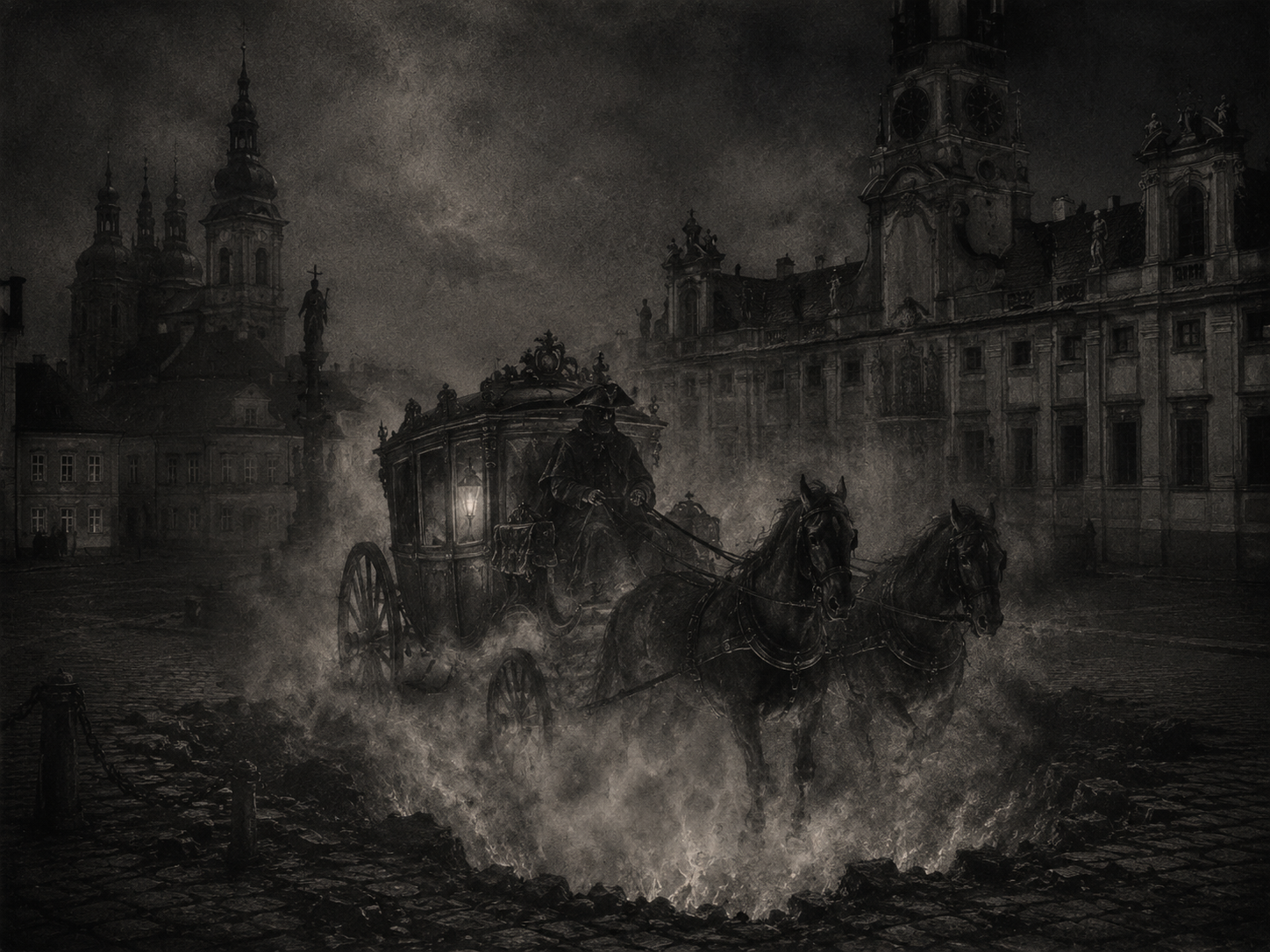 A Hradčany tradition turns the historical name Drahomíra into a supernatural moral figure: swallowed by the earth or hell with her carriage, then returning as a hellish procession. The biography and the legend must remain separate.