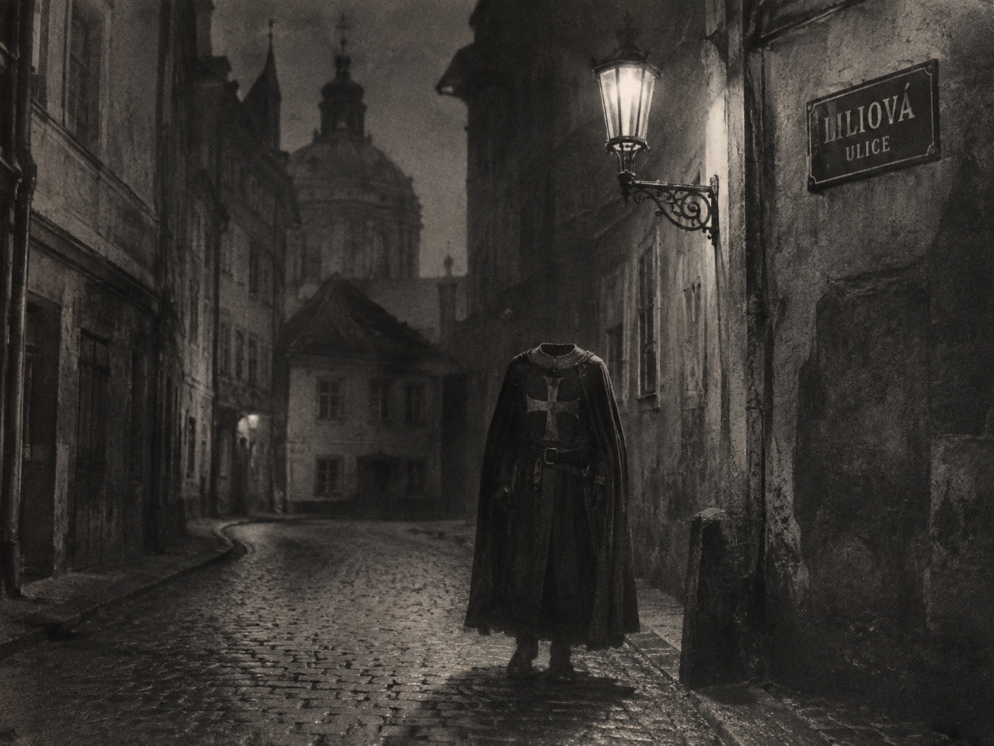 Václav Cibula records a headless Templar wandering around Liliová Street. The legend is stable enough to have a Prague address, yet flexible enough that his death, appearance and possible release change between versions.