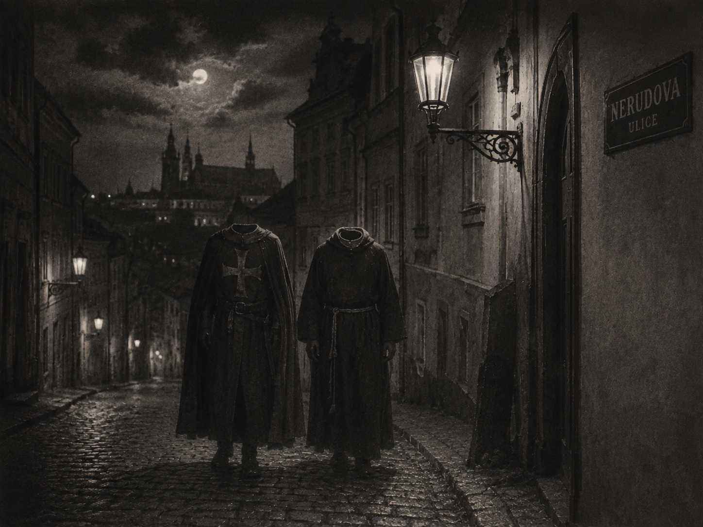 Václav Cibula records a pair of headless figures in Nerudova Street. Later retellings can separate them into a Swedish soldier and a Premonstratensian or priest, raising a better question than ‘which ghost is real?’ — did one story become two?