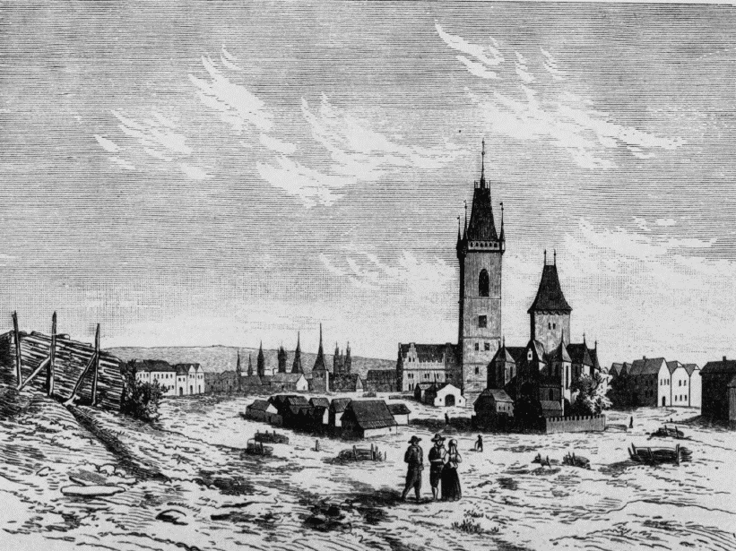 Historical depiction of Karlovo náměstí when it functioned as the Cattle Market.