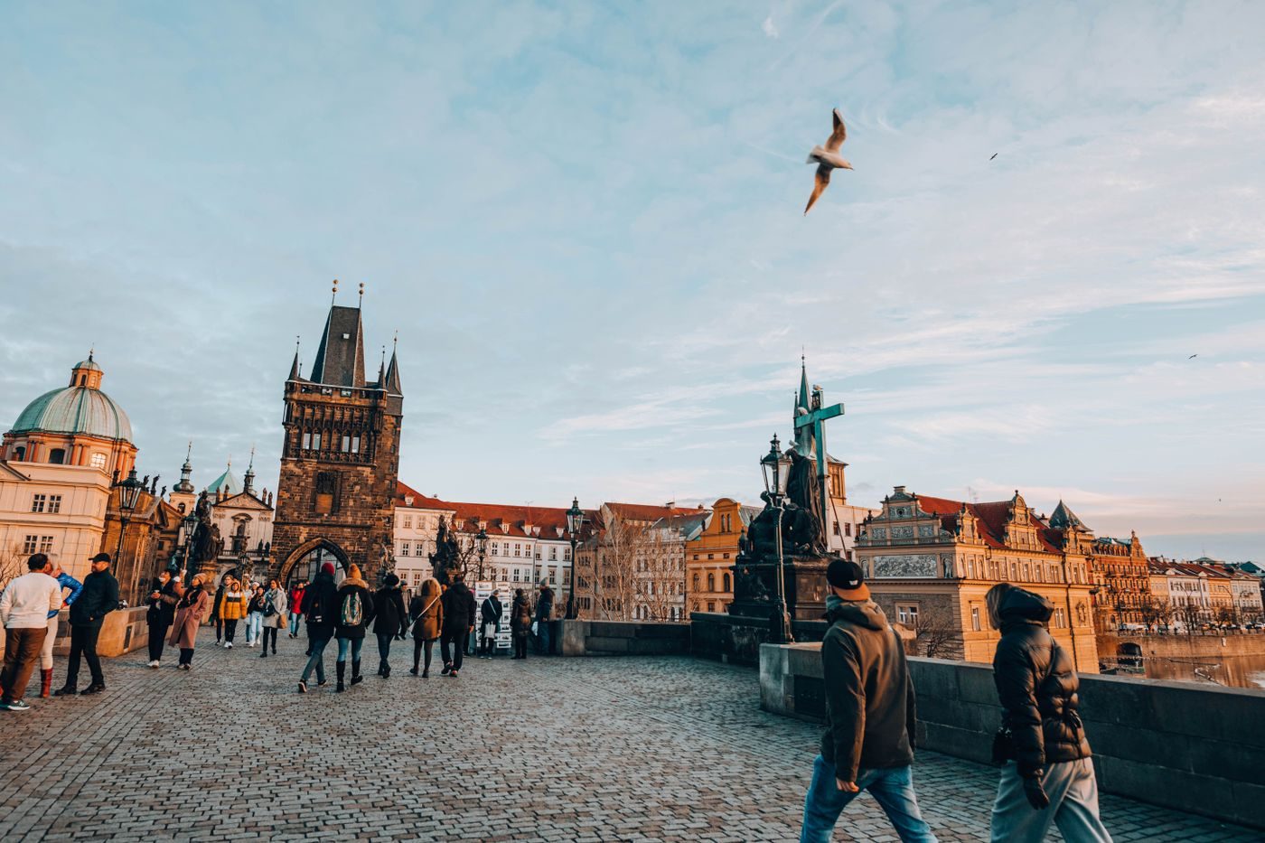 Exact Old Town Bridge Tower is visibly framed from Charles Bridge with the façade and arch readable as a whole.