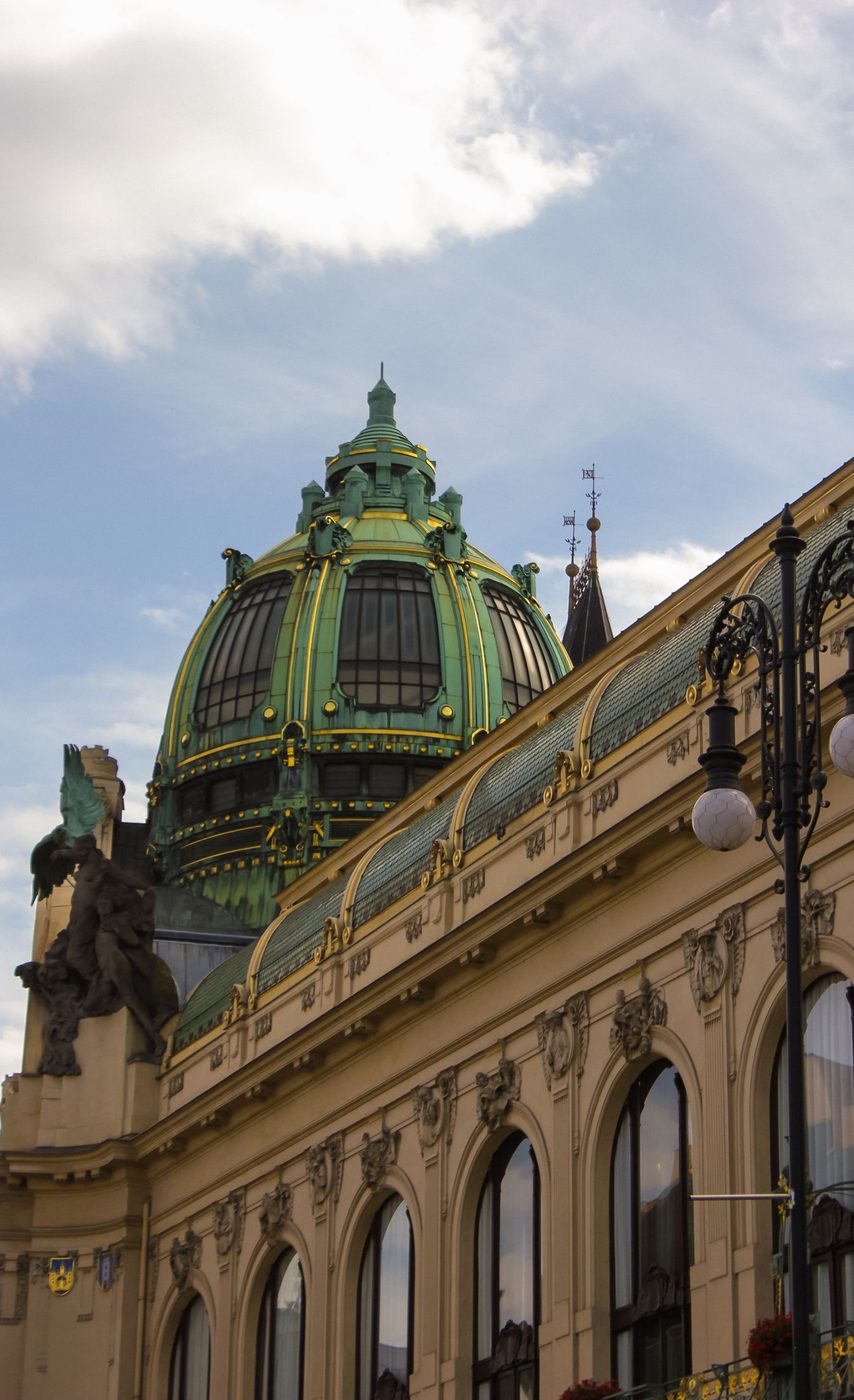 Exact Municipal House dome/detail is visibly identifiable as Art Nouveau.